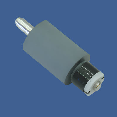 OKI Retard Roller Assembly 44732301 – Gray Rubber Roller with Metal Shaft and Plastic End Cap, Displayed on Blue Background