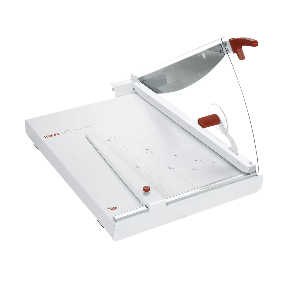 Triumph 1171 large-format tabletop trimmer with clear safety guard, red handle, and printed cutting grid for precision paper trimming.