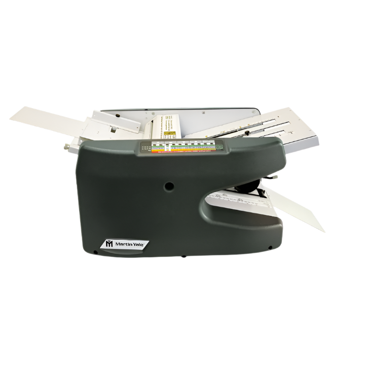 Martin Yale 1611 AutoFolder paper folding machine with extended paper trays, shown from side angle in dark grey casing.