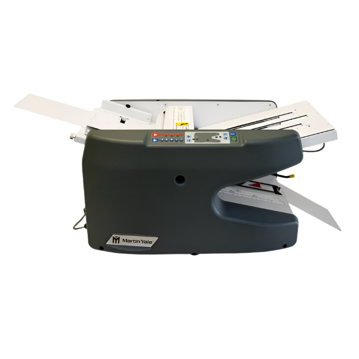 Martin Yale 1711 AutoFolder Paper Folder with digital control panel, automated feed trays, and folded sheets exiting the output tray.