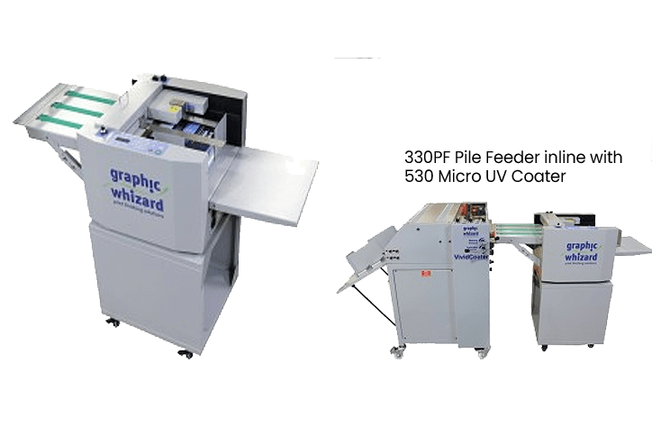 Graphic Whizard 330PF Pile Feeder inline with 530 Micro UV Coater, featuring sheet feed and coating units connected in tandem