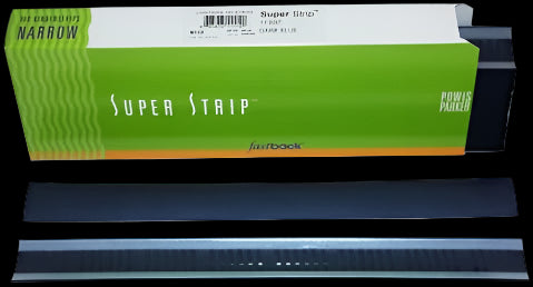 Box and two dark blue 11-inch narrow Powis Parker Fastback Super Strips, labeled NA110, used for thermal binding