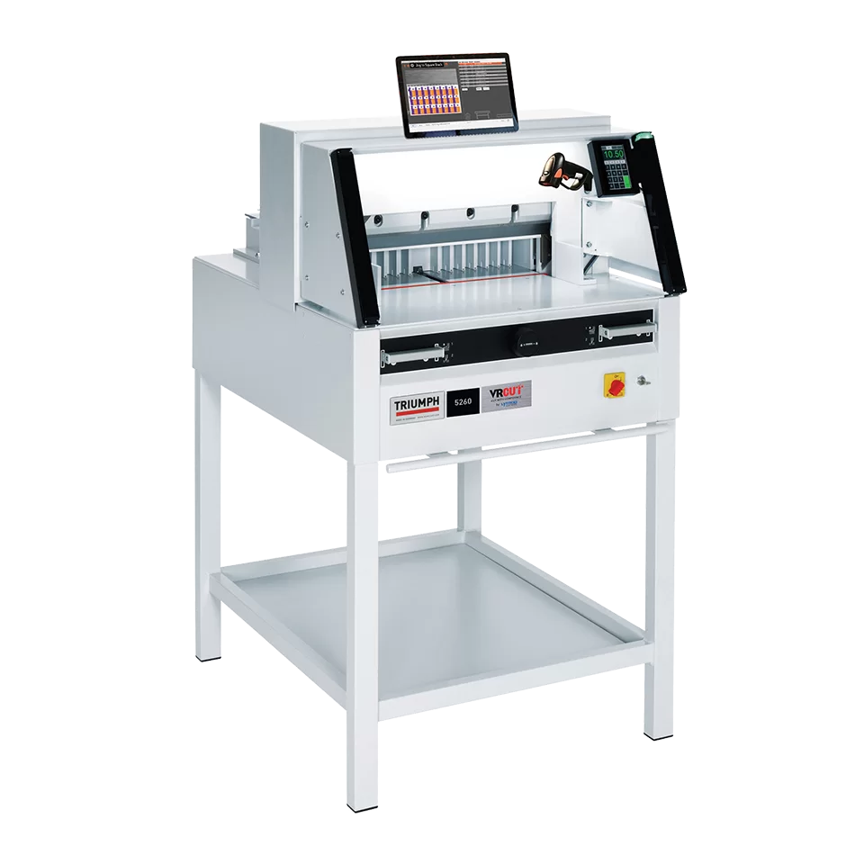 Triumph 5260 programmable paper cutter featuring VRCut compatibility, safety light curtain, and touchscreen controls on a sturdy stand.