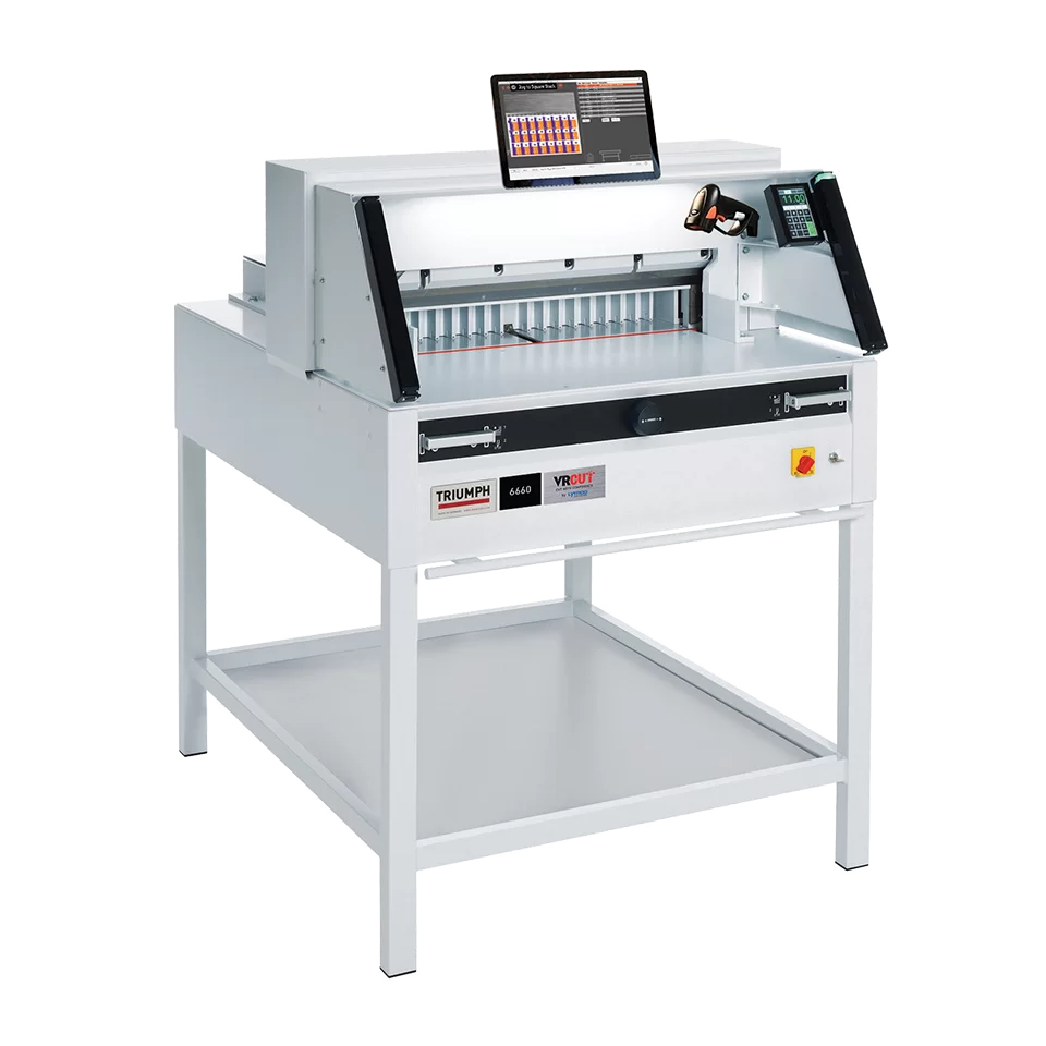 Triumph 6660 programmable hydraulic paper cutter with touchscreen control panel, safety light beams, and solid metal stand for professional cutting precision.