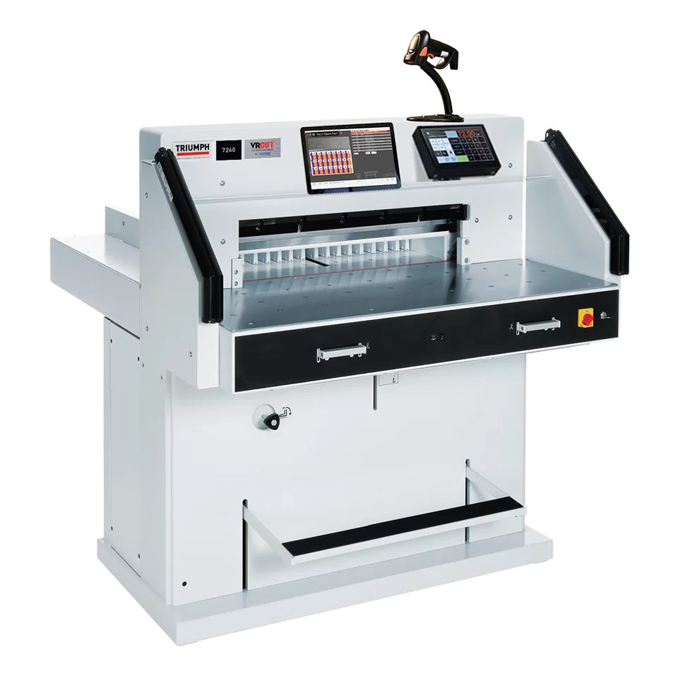 MBM Triumph 7260 programmable 28" paper cutter with touchscreen controls, barcode scanner, safety guards, and precision back gauge.