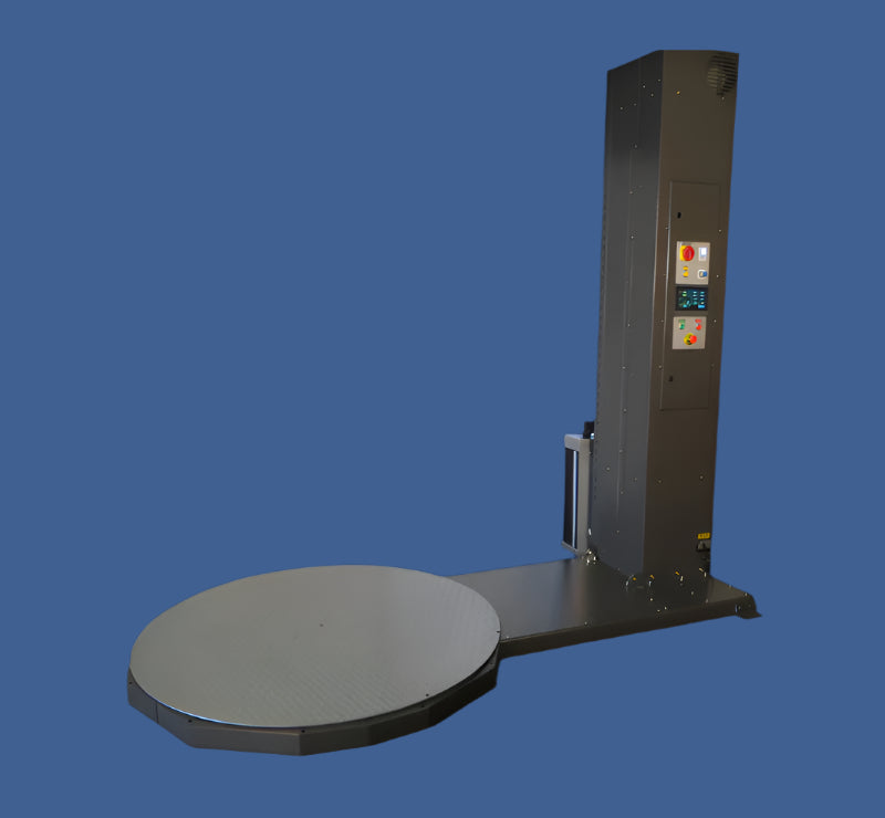 PP-983 Automatic Pallet Stretch Wrapper with Control Panel and Rotating Turntable on Industrial Blue Background