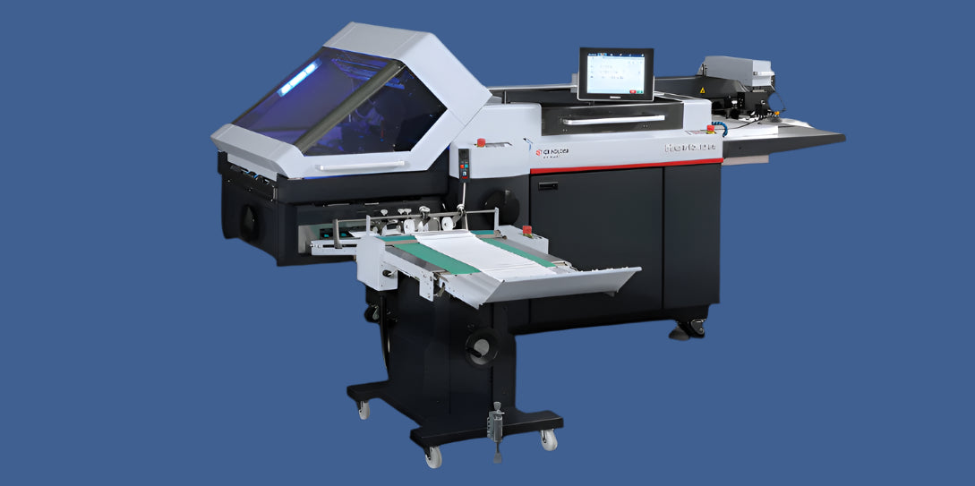Horizon AFC-566FKT automated paper folder with touchscreen control panel, conveyor stacker, and enclosed folding unit