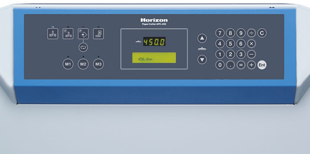 Horizon APC-450 paper cutter control panel – digital keypad interface with memory settings for programmable cutting precision.