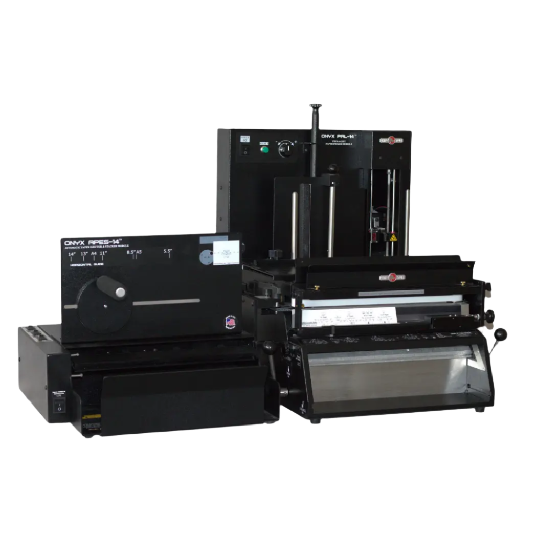 Rhin-O-Tuff Onyx APES-14 and PAL-M combination – automatic paper ejector, stacker, and paper lifter system for high-volume punching and binding.