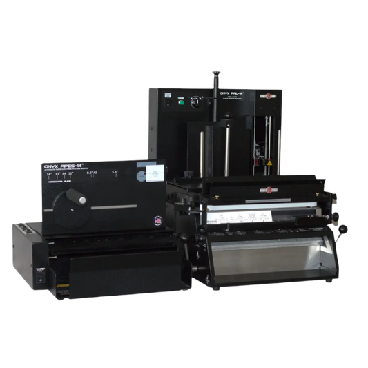 Rhin-O-Tuff Onyx APES-14 and PAL-M combination – automatic paper ejector, stacker, and paper lifter system for high-volume punching and binding.