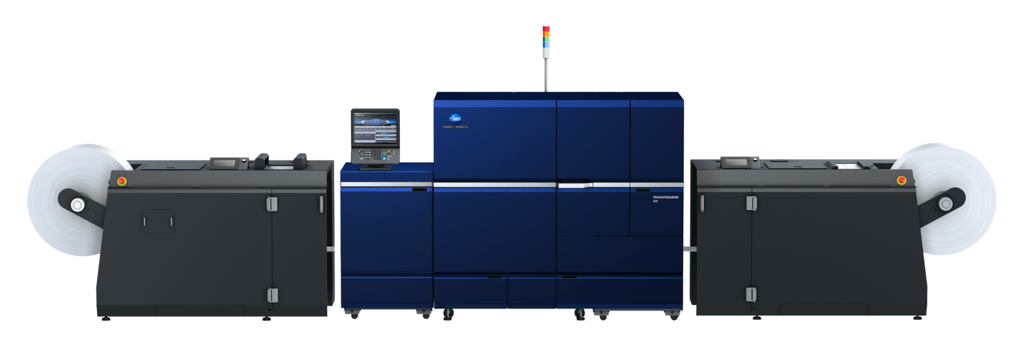 Konica Minolta AccurioLabel 400 roll-to-roll digital label press – full system front view with dual unwind and rewind units.