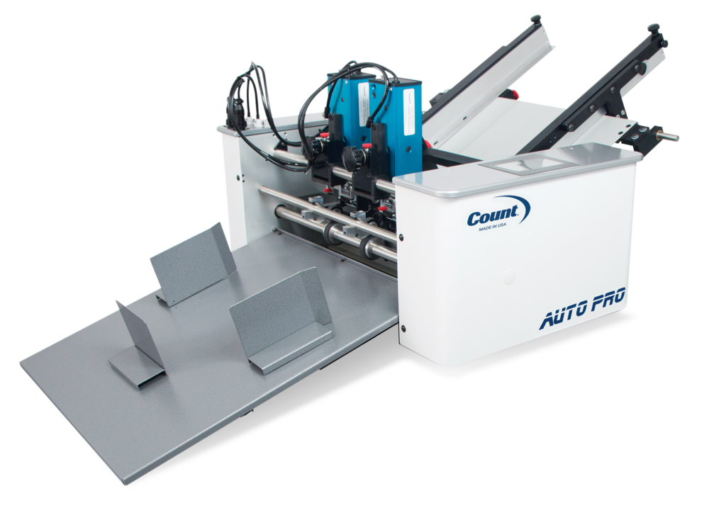 A Martin Yale Industries Count AUTO PRO numbering machine, featuring a paper feed system and numbering heads, in white and gray colors.