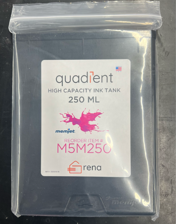 Quadient M5M250 250ml magenta dye-based ink tank sealed in a plastic bag, labeled for use with Memjet-powered Rena Mach Series printers