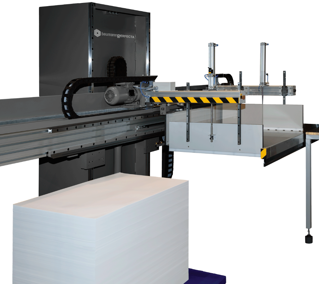 Baumann-Perfecta BA 3 Automatic Paper Unloader with Overhead Gantry Arm and Adjustable Paper Tray — Positioned for Stacked Sheet Transfer