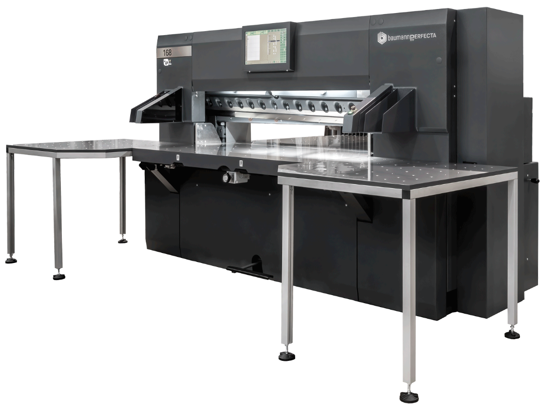 Perfecta BP168 66-inch guillotine paper cutter with touchscreen interface, air-assist side tables, and high-capacity cutting bed for large format sheets