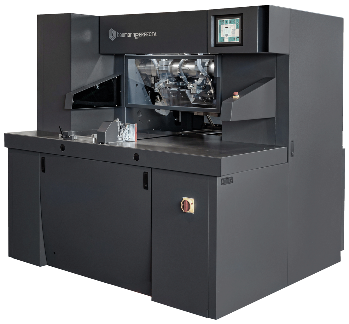 Perfecta BP SDY three-knife trimmer with enclosed cutting area, touchscreen interface, dark gray cabinet, and automated trimming system.