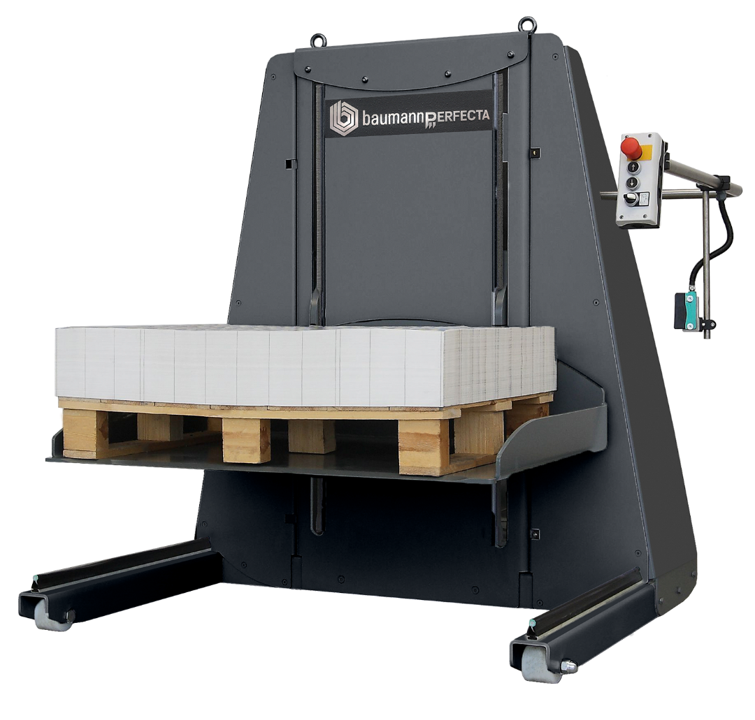 Perfecta Baumann BSH Mobile Stack Lift with Platform Pallet Support, Hydraulic Lifting System, and Side Control Panel — Loaded with Paper Stack