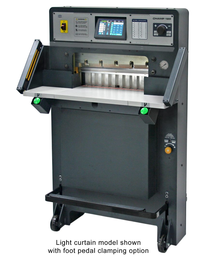 Challenge Champ 185 Series programmable hydraulic paper cutter with touchscreen display, side tables, and precision backgauge system