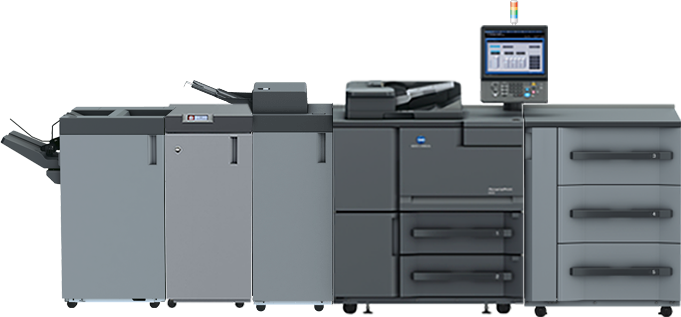 Konica Minolta AccurioPrint 2100 production printer with touchscreen interface, multiple drawers, and inline finishing modules