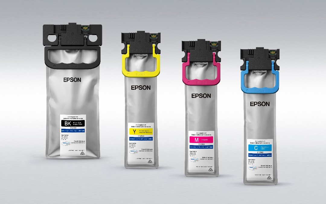Epson T12N DURABrite Ultra Ink Pack Set – Black, Yellow, Magenta, and Cyan Ink Bags with Color-Coded Handles Displayed Upright on a Gradient Background