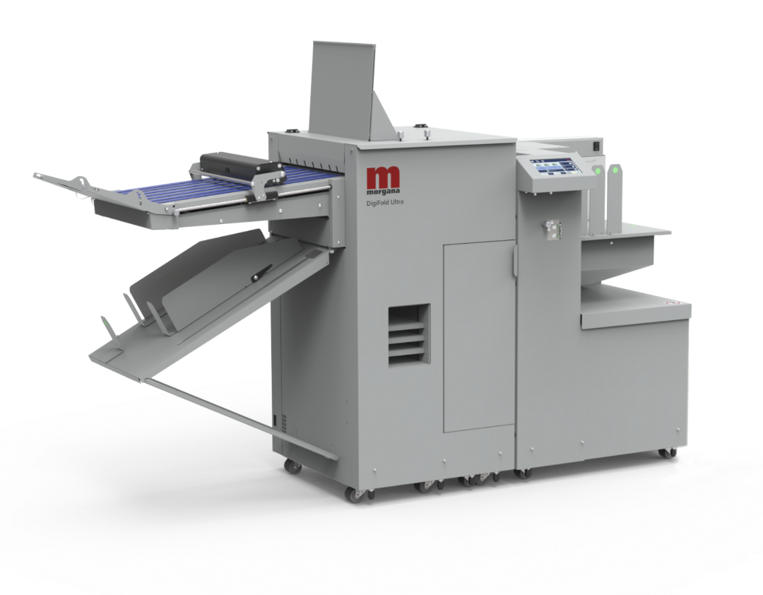 A gray Morgana DigiFold Ultra creasing and folding machine, designed for use in digital and offset print environments.