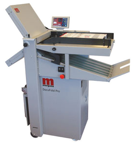 Morgana DocuFold Pro paper folding machine with a touchscreen interface, suction feed system, and integrated perforating and scoring features.
