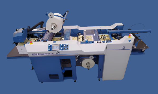 Foliant Taurus 400 NG 4x4 double-sided fully automatic laminator with feeder, control panel, and integrated rewinder on a blue background.