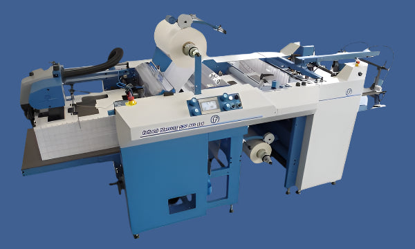 Foliant Mercury 530 NG 4x4 Double Fully Automatic Laminator — Professional Laminating System with Dual Film Rollers, Integrated Feeder, Control Panel, and Delivery Unit on Blue Background