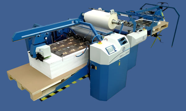 Foliant Pollux 760 SF Industrial Laminator β Fully Automated Laminating System Featuring Feeder, Film Roll, Touchscreen Controls, and Delivery Stacker in Blue and White Design