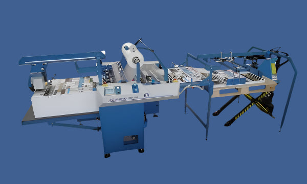 Foliant Taurus 760 NG Fully Automatic Laminator — Commercial Laminating Machine with Feeder, Control Console, Film Roll, and Integrated Delivery System in Blue and White Finish