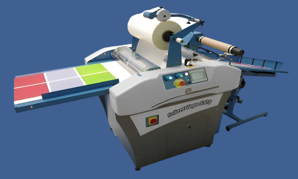 Foliant Vega 530S Semi-Automatic Laminator โ Compact Blue and White Laminating Machine with Film Roll, Feeder Tray, Control Panel, and Rear Output Table Processing Color Sheets