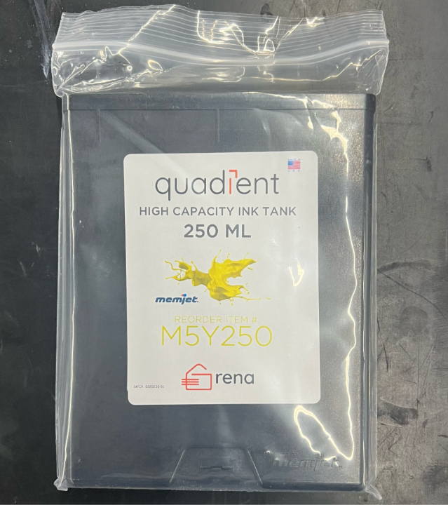 Quadient M5Y250 250ml yellow dye-based ink tank in sealed plastic bag, labeled for Memjet-powered Rena Mach Series printers