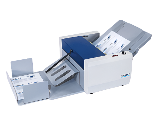 Formax FD 95 rotary perforator and creaser with adjustable infeed tray, control panel, and output catch tray, designed for finishing printed sheets with clean folds and tear lines.