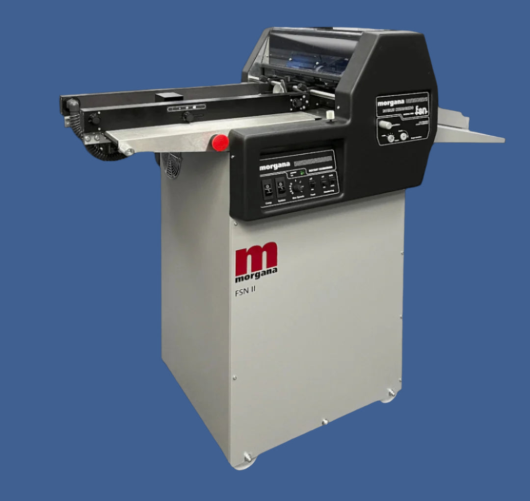Morgana FSN II rotary numbering machine with control panel, adjustable feed table, and integrated conveyor, designed for high-speed sequential numbering on printed sheets.