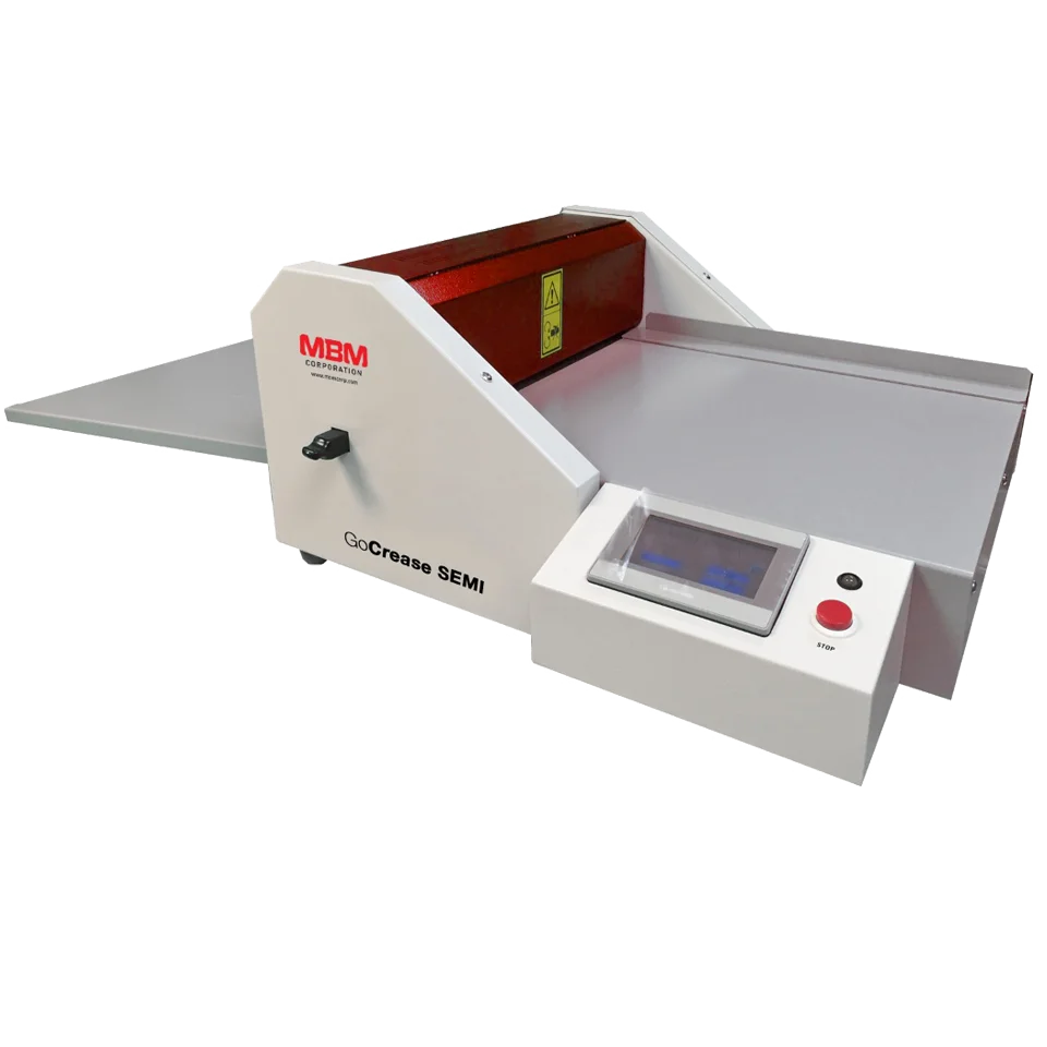 MBM GoCrease SEMI automatic creasing and perforating machine with touchscreen display and manual paper feed tray for precision finishing tasks