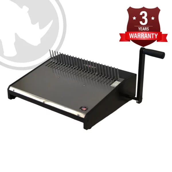 A Rhin-O-Tuff HD4470 comb opener with a black exterior, designed for opening comb bindings on documents. It has a handle on the side and is mounted on a base.