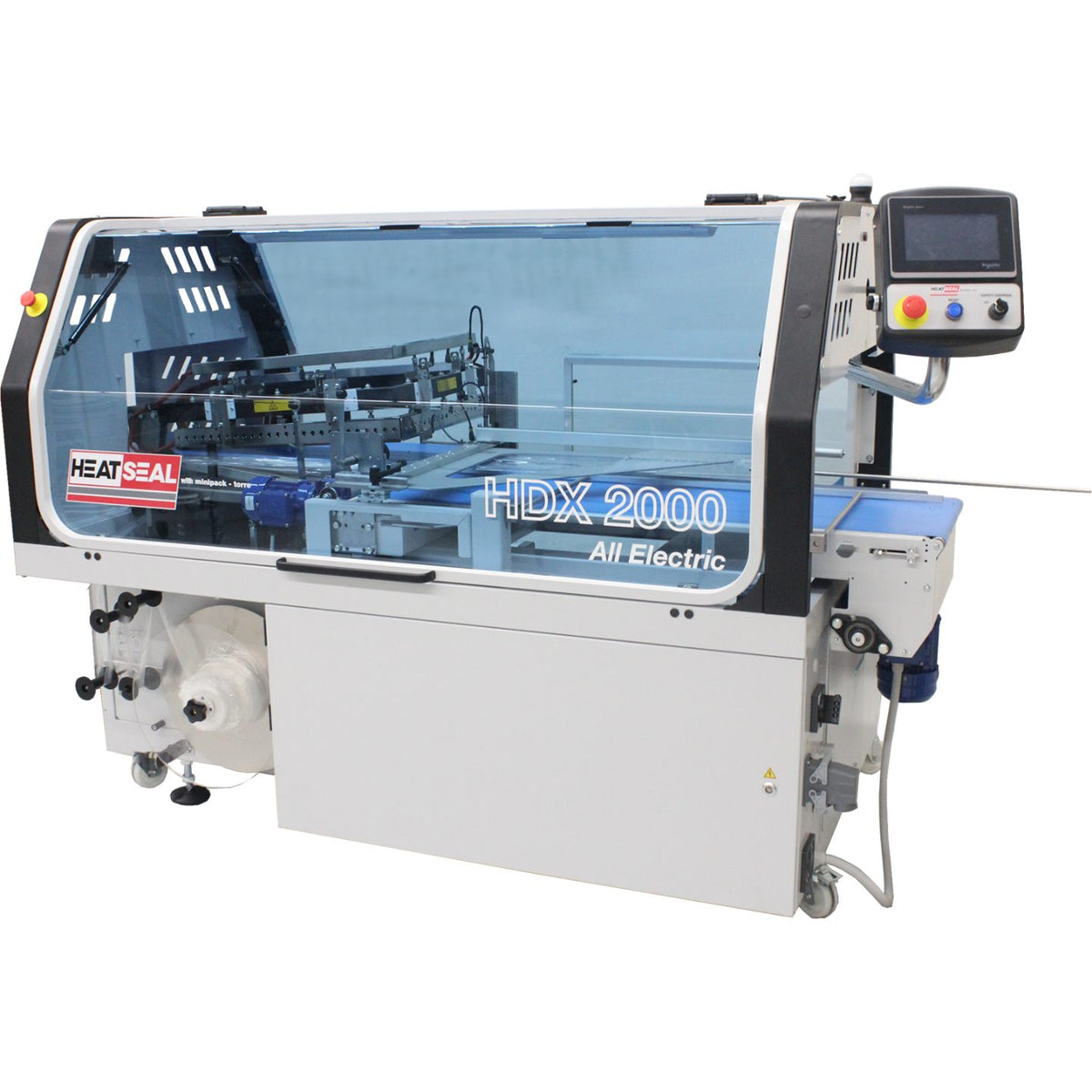 Heat Seal HDX 2000 All-Electric automatic L-bar sealer with touchscreen control panel and transparent safety enclosure, angled front view.