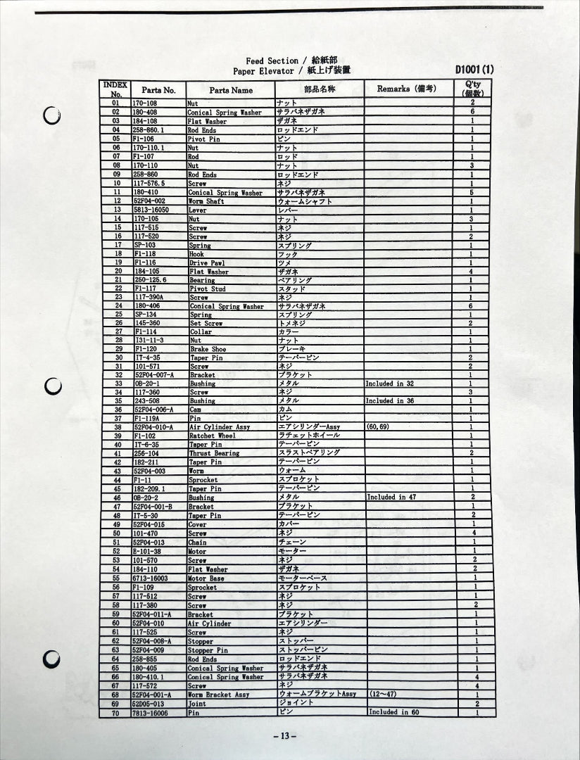 Hamada B-452 Feed Section Parts List