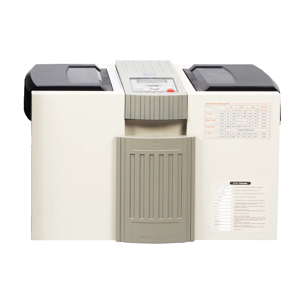MBM IM 8500 Pressure Sealer with top-loading feed trays, control panel, and front document exit slot for high-volume pressure-sealed mail processing