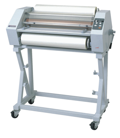 Drylam LPP6512 heated roll laminator with dual film rollers and control panel on wheeled stand