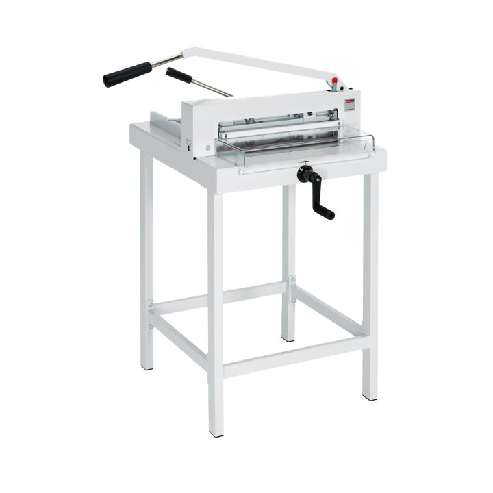 MBM Triumph 4305 manual tabletop paper cutter with transparent safety guard and hand lever on metal stand