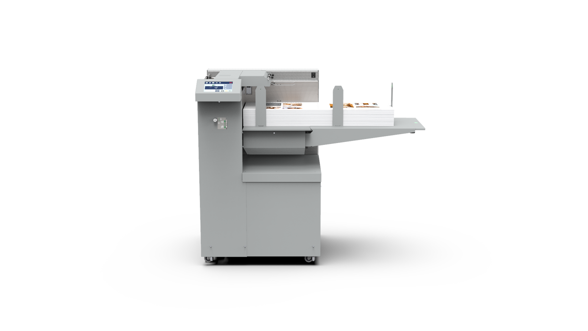 Morgana VFL Feeder shown from front view with stacked printed sheets loaded for automated feeding