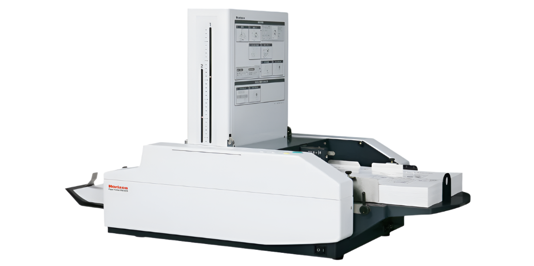 Horizon PF-P3300 paper folding machine with vertical feed system, instruction guide panel, and compact desktop layout