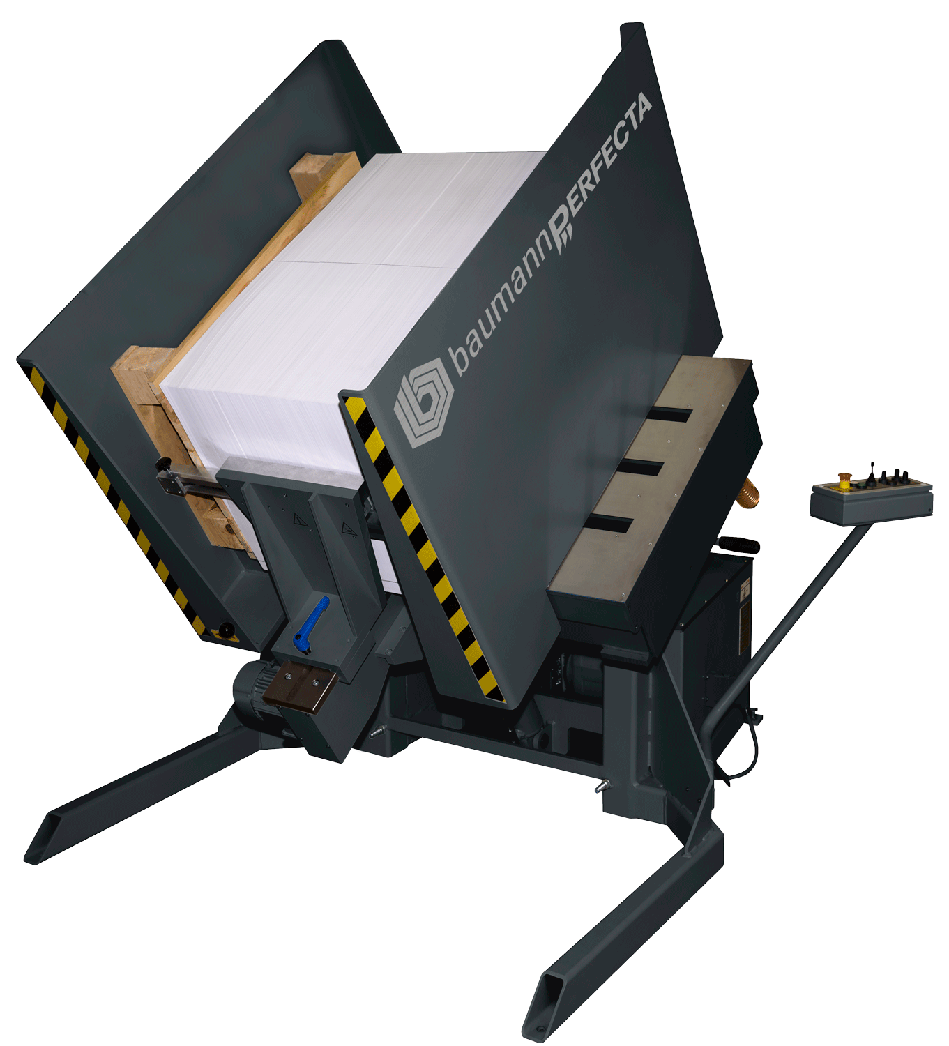 Perfecta PT10 PAJ semi-automatic pile turner shown tilting a large stack of paper, with heavy-duty arms, control panel, and safety markings on a robust steel frame
