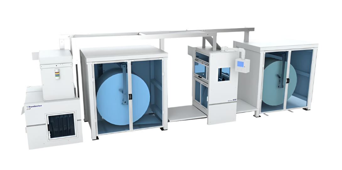 Hunkeler RX8 Media Changer with dual roll compartments, automated web threading, and touchscreen control system