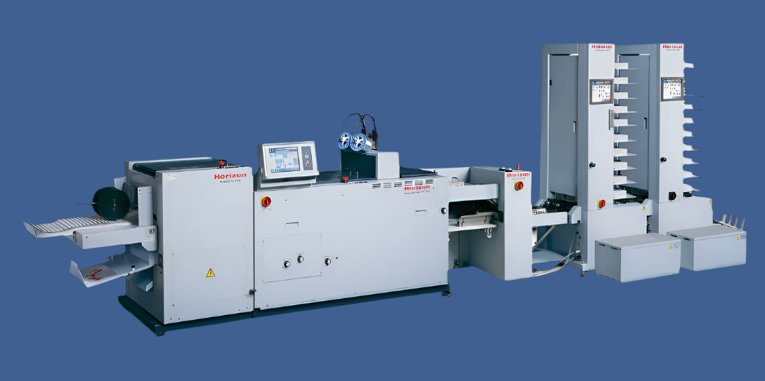 Horizon SPF-200A automated bookletmaker system with touchscreen control panel, inline trimmer, and dual tower collators for high-speed booklet production.