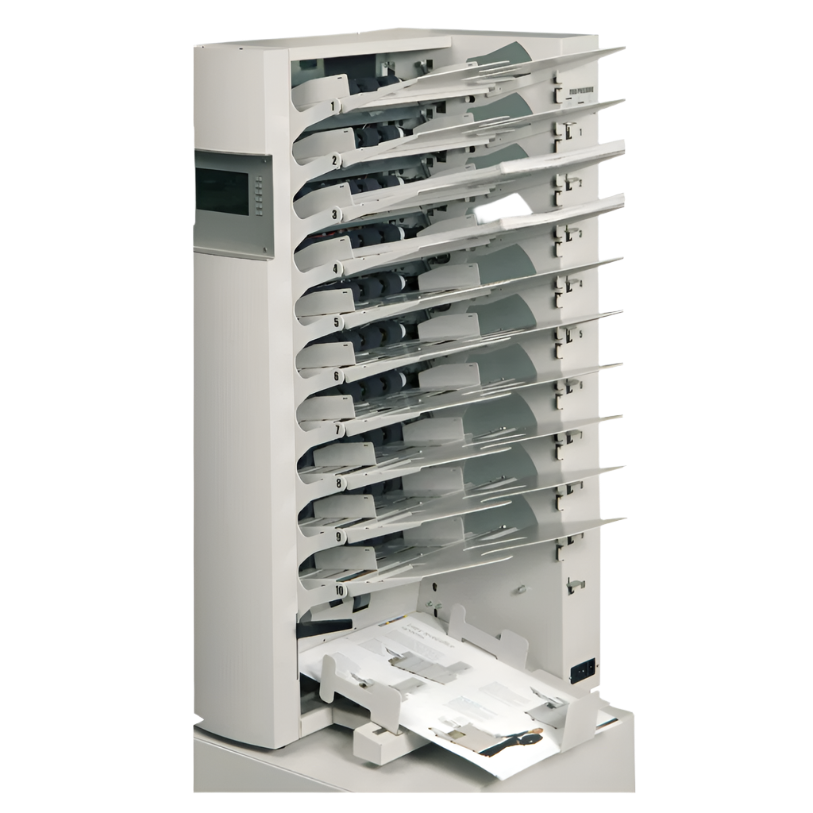 Morgana 510 high-capacity feeder and collator with 10-bin vertical paper trays and touchscreen interface