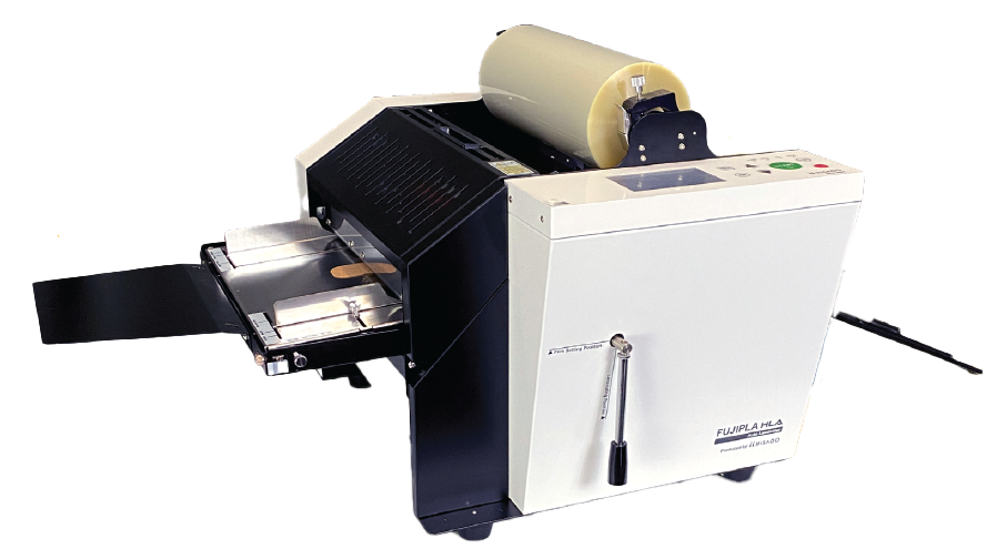Dry-Lam HLA-2501 automatic laminator with top-loading roll film, touchscreen control panel, metal feed tray, and rear exit stacker, designed for high-speed, hands-free lamination of documents.