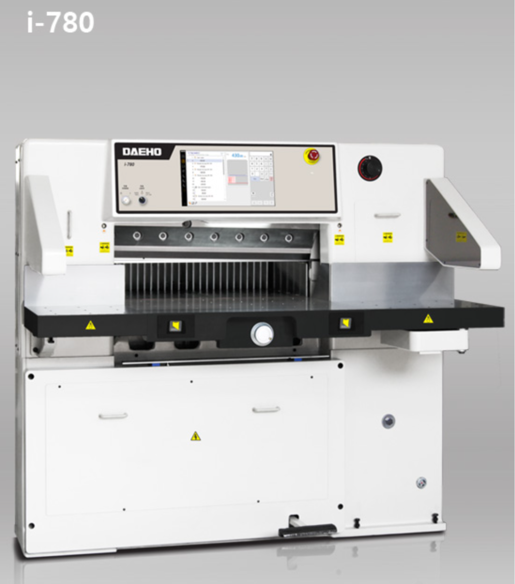 Daeho iCutter Guillotine Paper Cutters, model 780, with a white and gray color scheme, featuring a digital touch screen and hydraulic clamp systems.