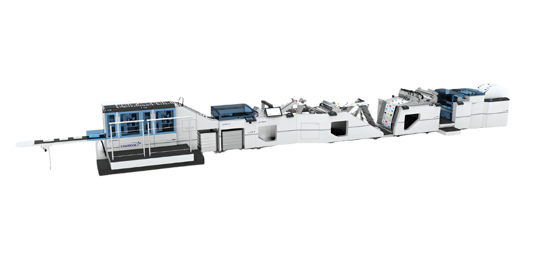 Hunkeler Starbook Plowfolder system with inline roll-to-book block production, trimming, folding, and stacking modules